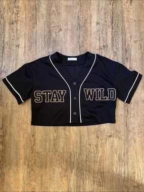 STATE Black Cropped Baseball Button-Front Top with White Piping